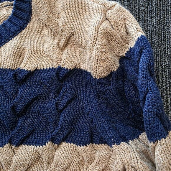 Lands' End Size Medium Tall Crew Neck Stripe Sweater Chunky Blue Tan Fall School - Picture 5 of 8